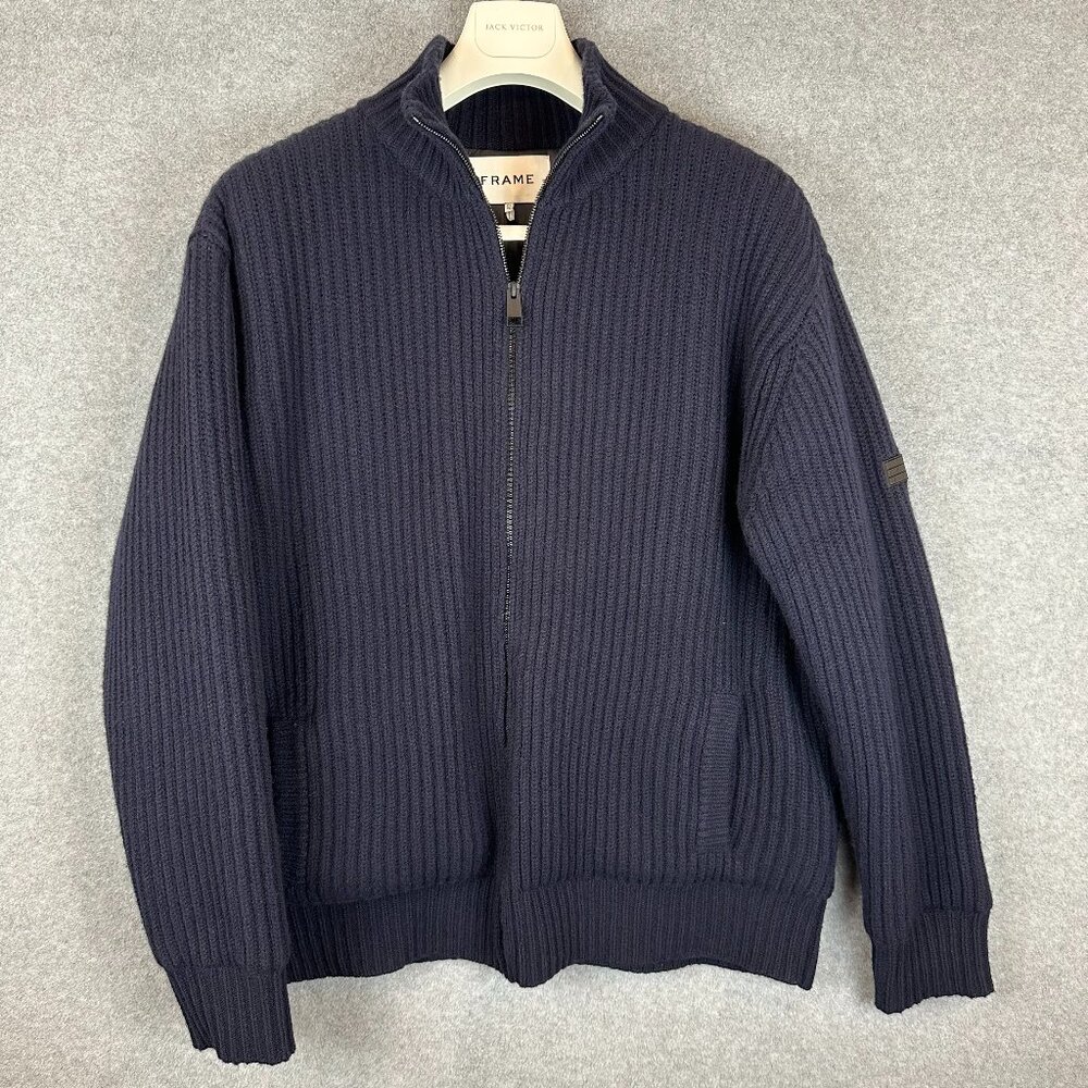 FRAME Navy Chunky Rib Knit 100% Wool Full Zip Pockets Padded Quilted Lining XL